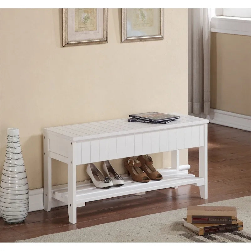 Banc de rangement pour chaussures en bois massif avec étagère inférieure Cerise Blanc