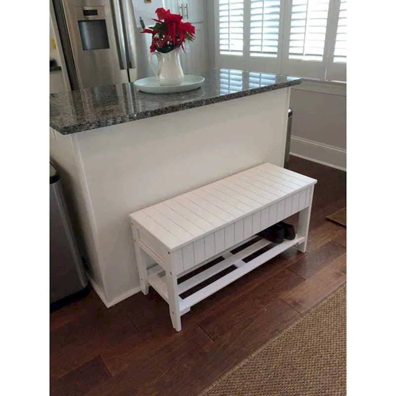 Banc de rangement pour chaussures en bois massif avec étagère inférieure Cerise Blanc
