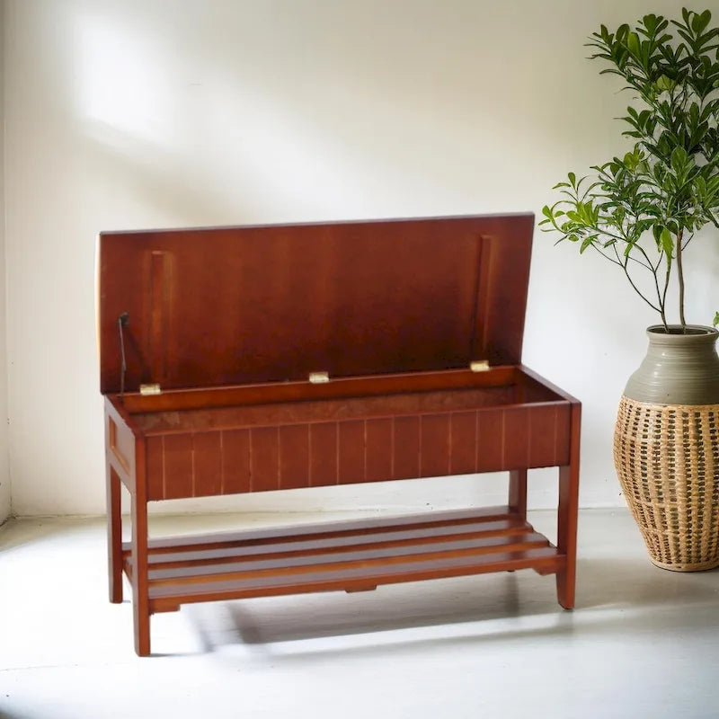 Banc de rangement pour chaussures en bois massif avec étagère inférieure Cerise Blanc