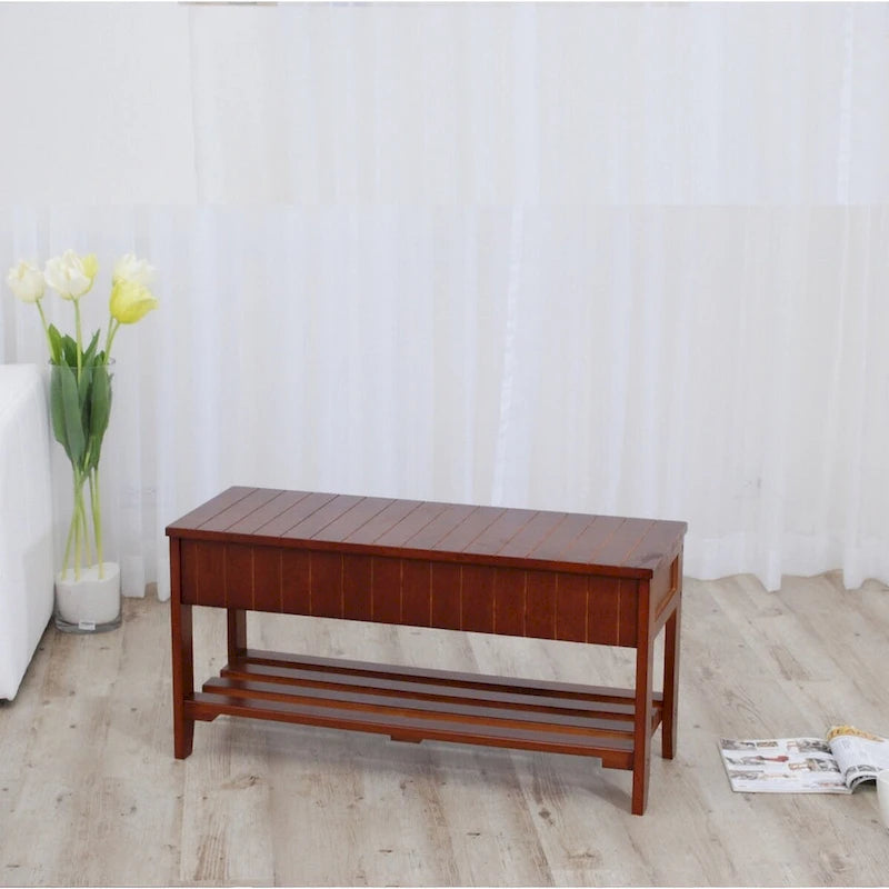 Banc de rangement pour chaussures en bois massif avec étagère inférieure Cerise Blanc