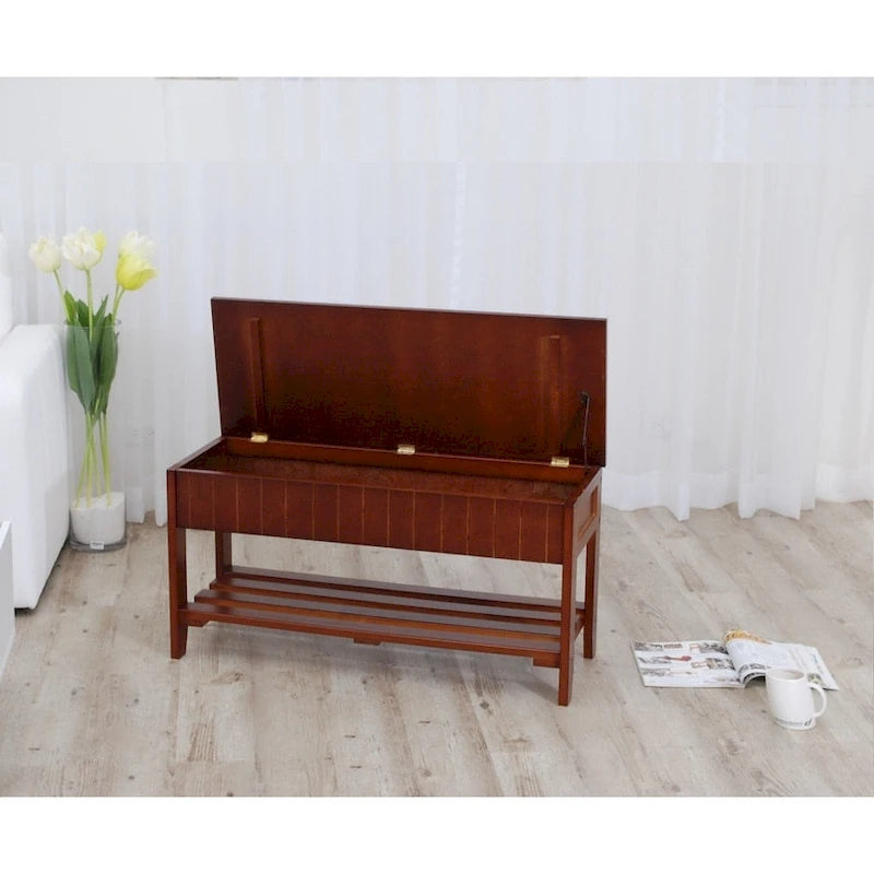 Banc de rangement pour chaussures en bois massif avec étagère inférieure Cerise Blanc