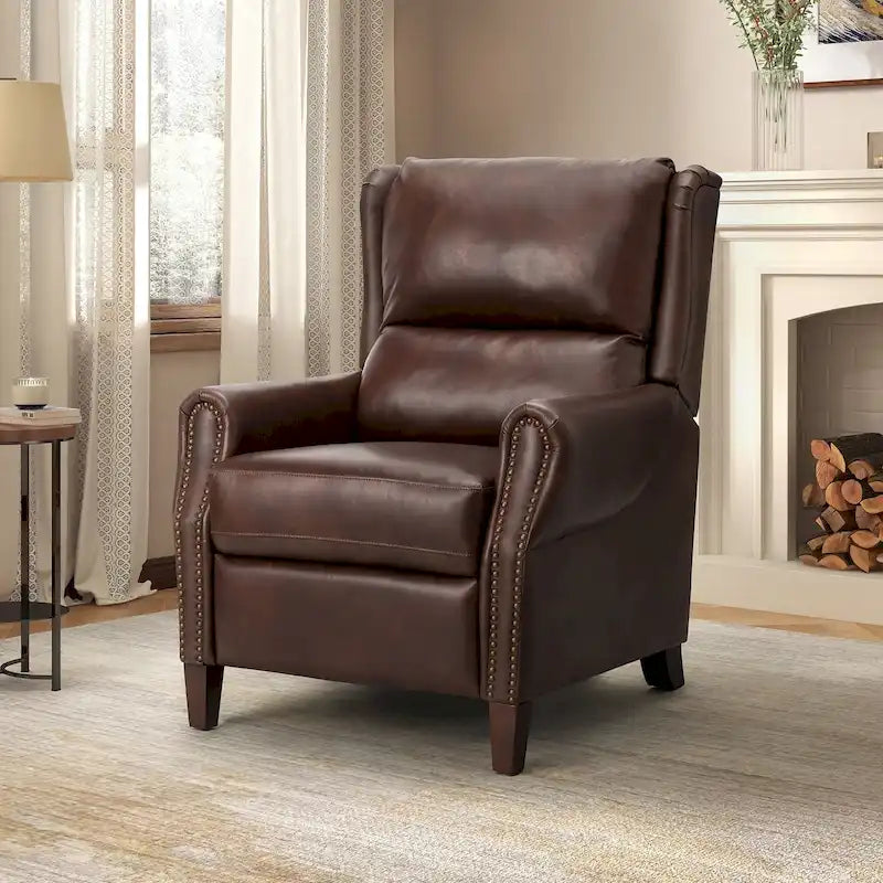 Fauteuil inclinable manuel en cuir véritable avec garniture cloutée en noir, chocolat, marine, sauge, marron et camel