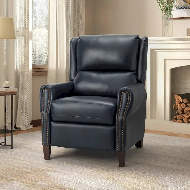 Fauteuil inclinable manuel en cuir véritable avec garniture cloutée en noir, chocolat, marine, sauge, marron et camel
