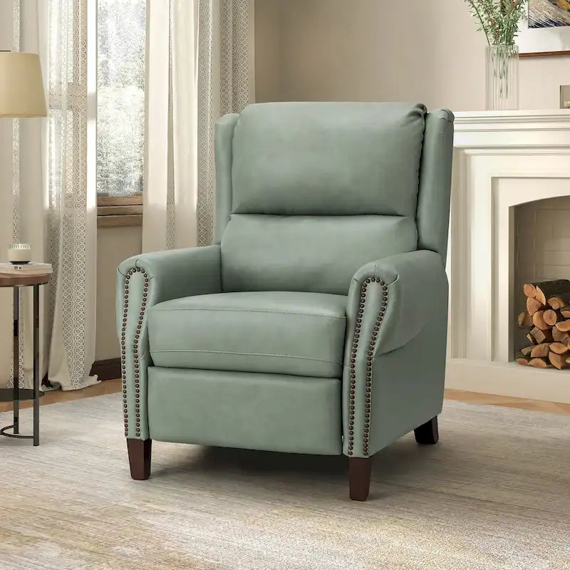Fauteuil inclinable manuel en cuir véritable avec garniture cloutée en noir, chocolat, marine, sauge, marron et camel