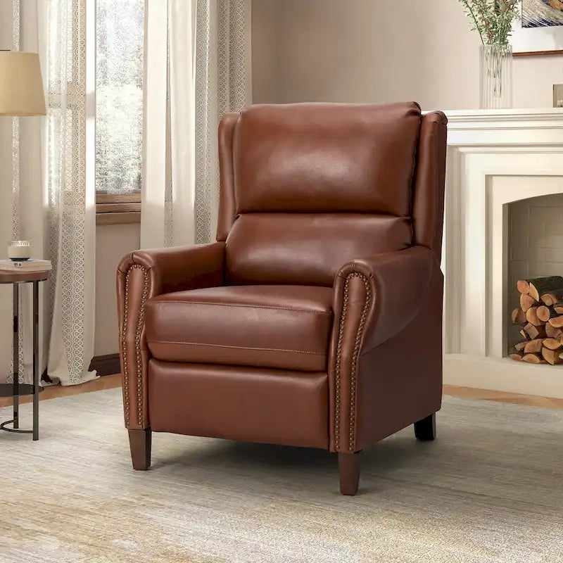 Fauteuil inclinable manuel en cuir véritable avec garniture cloutée en noir, chocolat, marine, sauge, marron et camel
