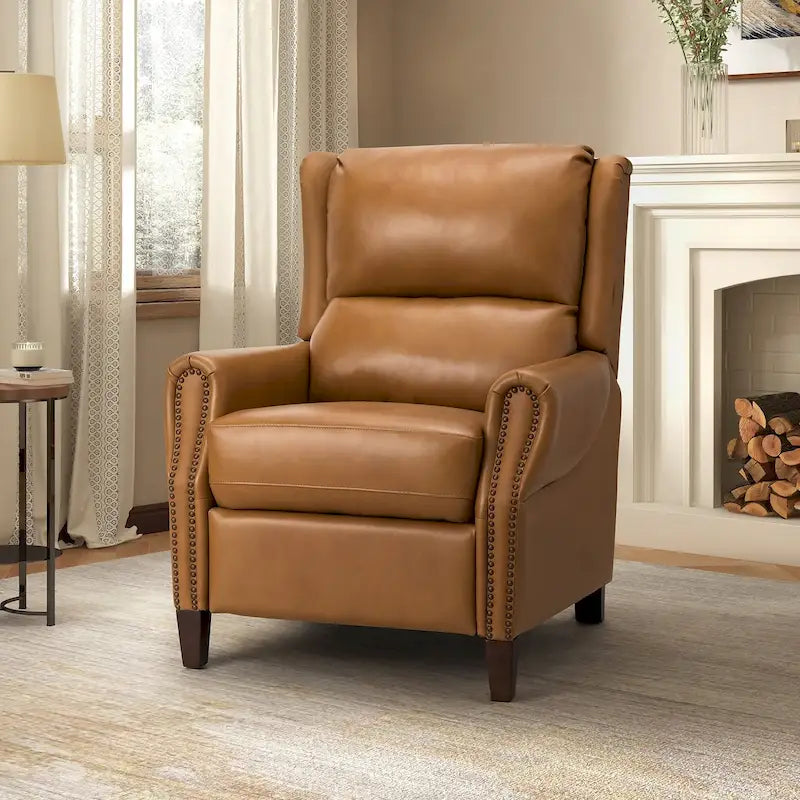 Fauteuil inclinable manuel en cuir véritable avec garniture cloutée en noir, chocolat, marine, sauge, marron et camel