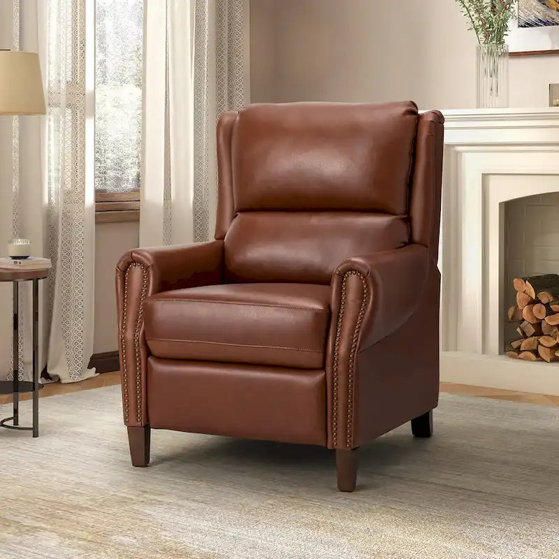 Fauteuil inclinable manuel en cuir véritable avec garniture cloutée en noir, chocolat, marine, sauge, marron et camel