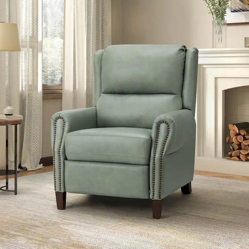 Fauteuil inclinable manuel en cuir véritable avec garniture cloutée en noir, chocolat, marine, sauge, marron et camel