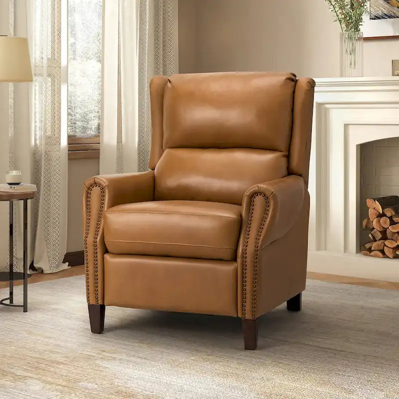 Fauteuil inclinable manuel en cuir véritable avec garniture cloutée en noir, chocolat, marine, sauge, marron et camel