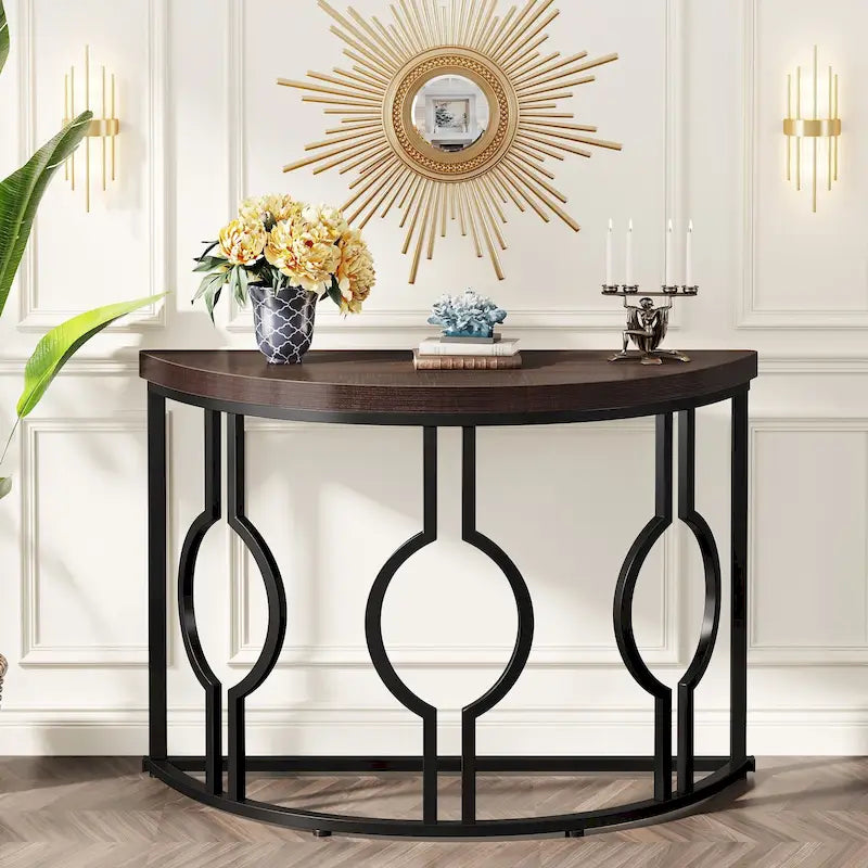 Console demi-lune avec base géométrique en métal, marron rustique et gris