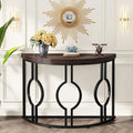 Console demi-lune avec base géométrique en métal, marron rustique et gris