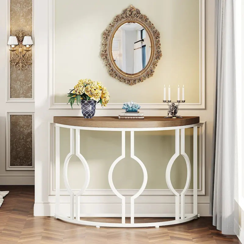 Console demi-lune avec base géométrique en métal, marron rustique et gris