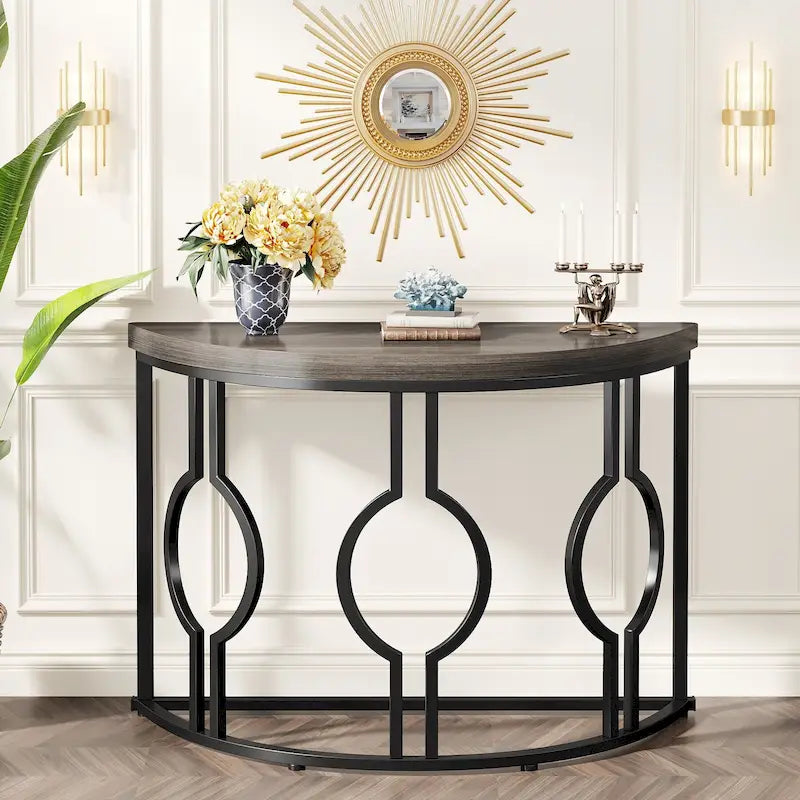 Console demi-lune avec base géométrique en métal, marron rustique et gris