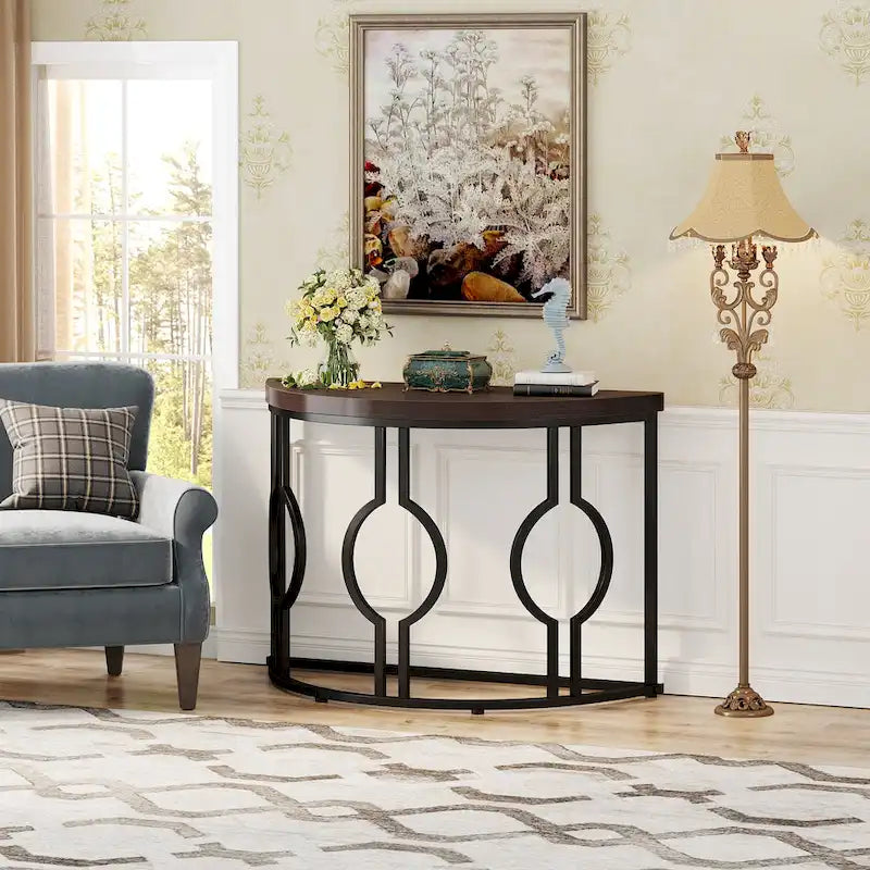 Console demi-lune avec base géométrique en métal, marron rustique et gris