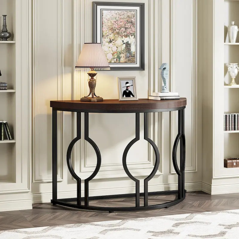 Console demi-lune avec base géométrique en métal, marron rustique et gris