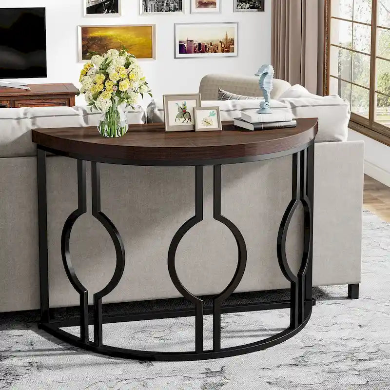 Console demi-lune avec base géométrique en métal, marron rustique et gris