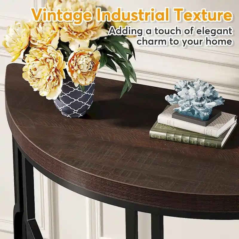 Console demi-lune avec base géométrique en métal, marron rustique et gris
