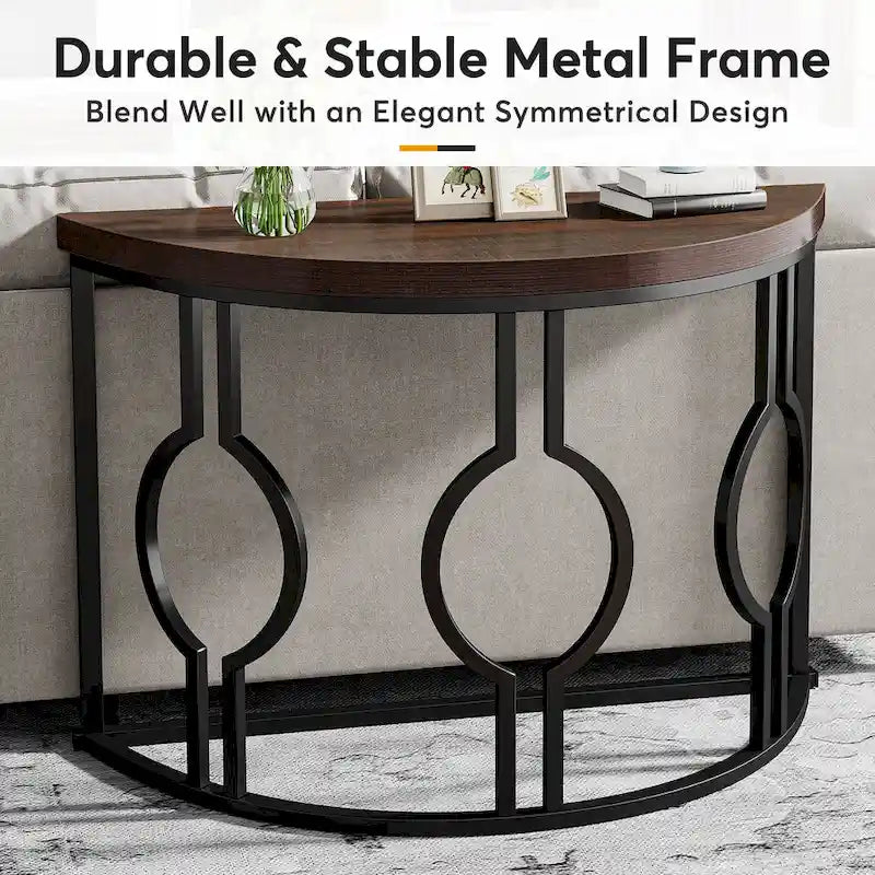Console demi-lune avec base géométrique en métal, marron rustique et gris