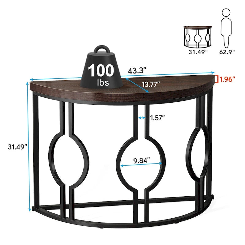Console demi-lune avec base géométrique en métal, marron rustique et gris