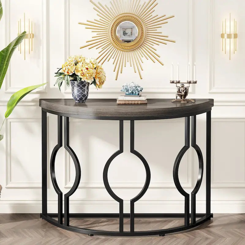 Console demi-lune avec base géométrique en métal, marron rustique et gris