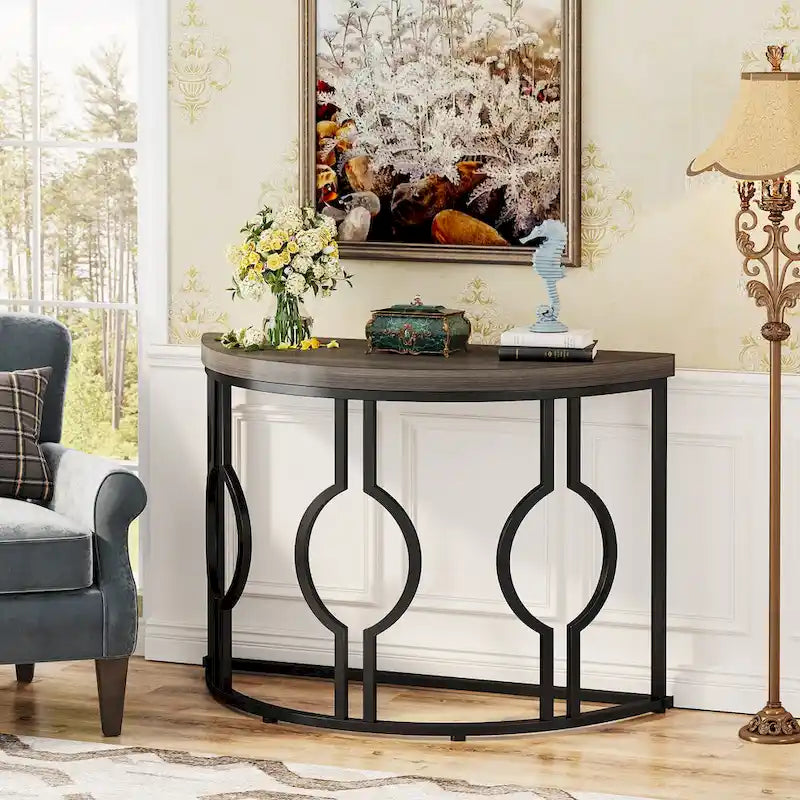 Console demi-lune avec base géométrique en métal, marron rustique et gris