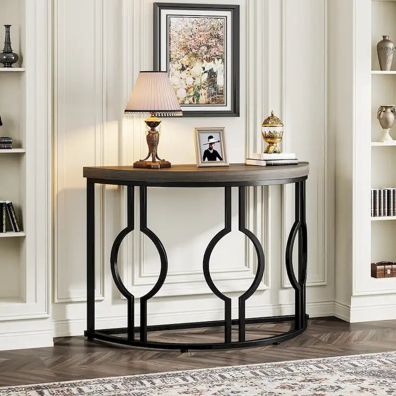 Console demi-lune avec base géométrique en métal, marron rustique et gris