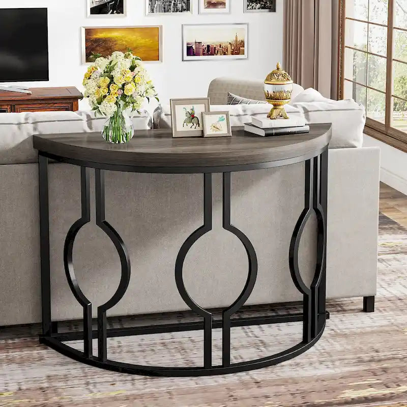 Console demi-lune avec base géométrique en métal, marron rustique et gris