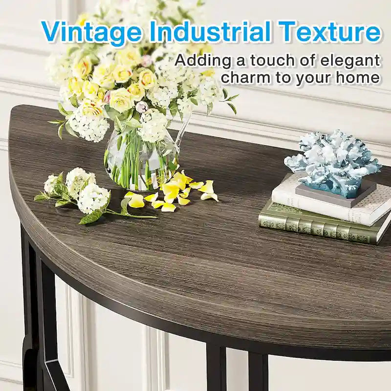 Console demi-lune avec base géométrique en métal, marron rustique et gris