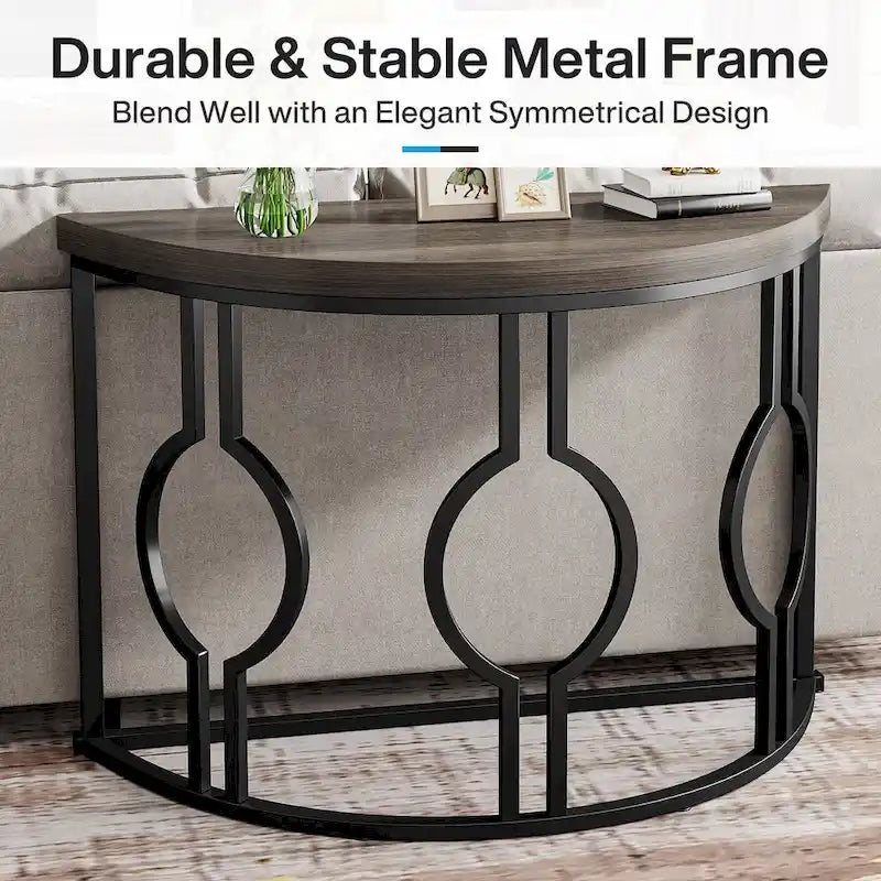 Console demi-lune avec base géométrique en métal, marron rustique et gris