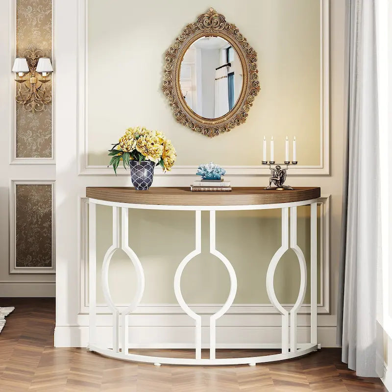 Console demi-lune avec base géométrique en métal, marron rustique et gris