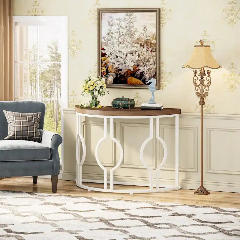 Console demi-lune avec base géométrique en métal, marron rustique et gris