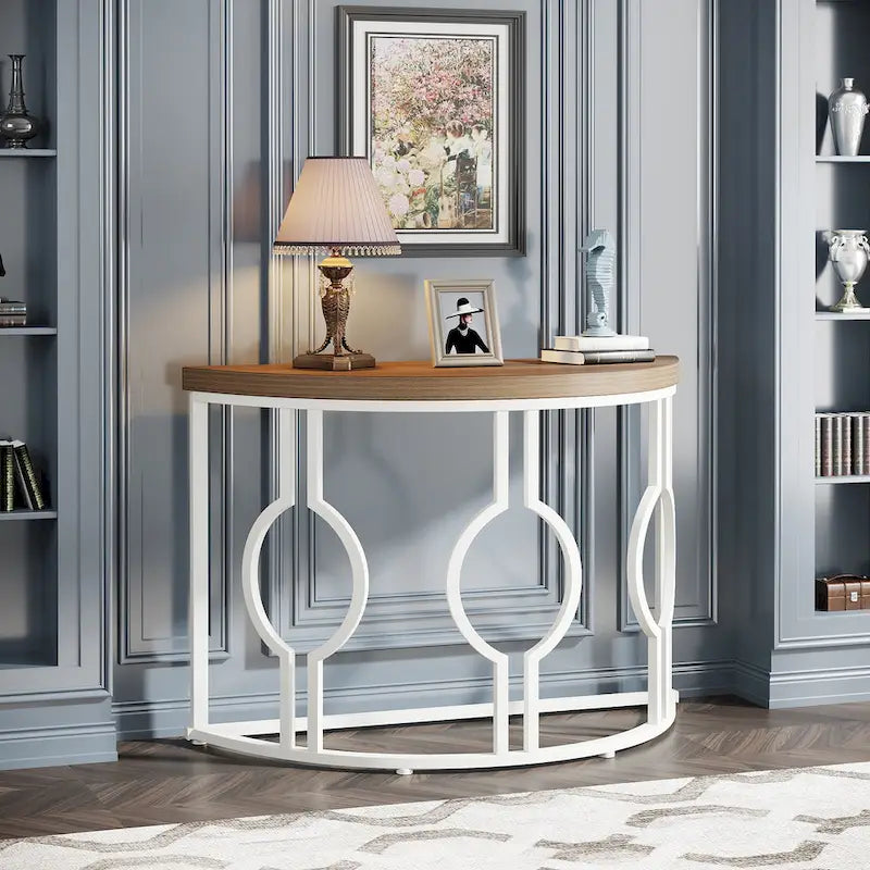 Console demi-lune avec base géométrique en métal, marron rustique et gris
