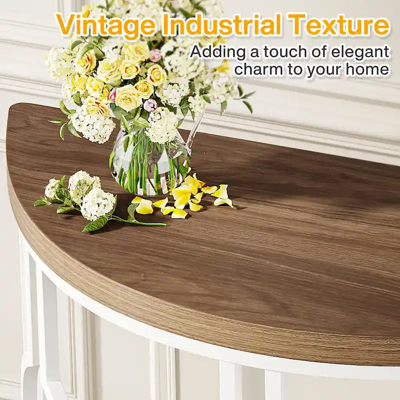 Console demi-lune avec base géométrique en métal, marron rustique et gris