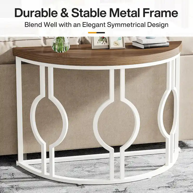 Console demi-lune avec base géométrique en métal, marron rustique et gris