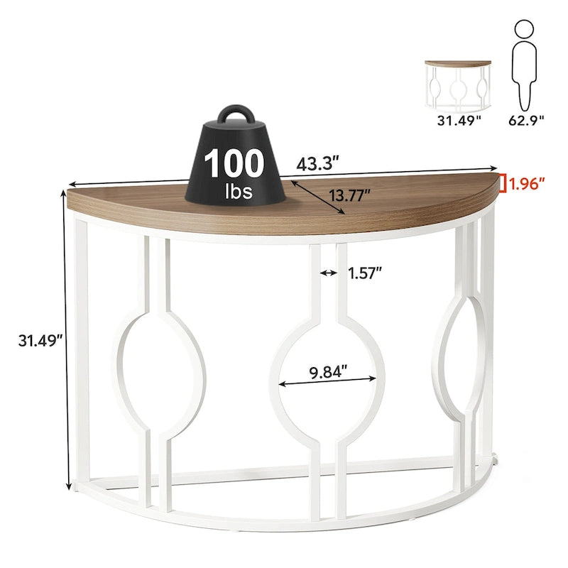 Console demi-lune avec base géométrique en métal, marron rustique et gris