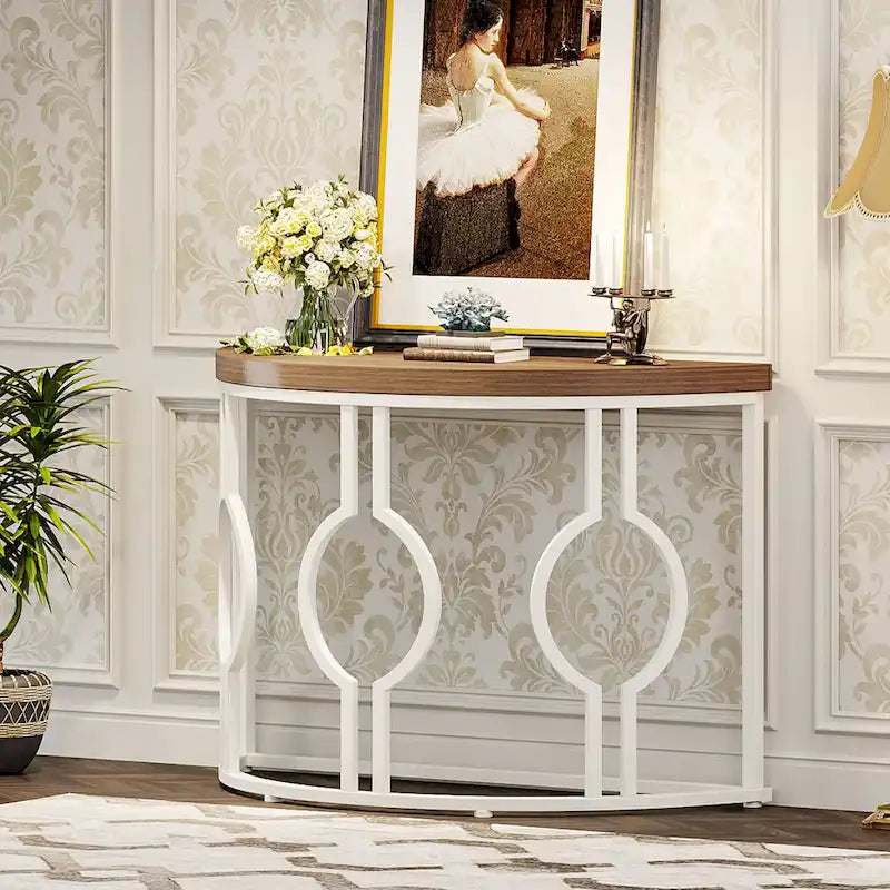 Console demi-lune avec base géométrique en métal, marron rustique et gris