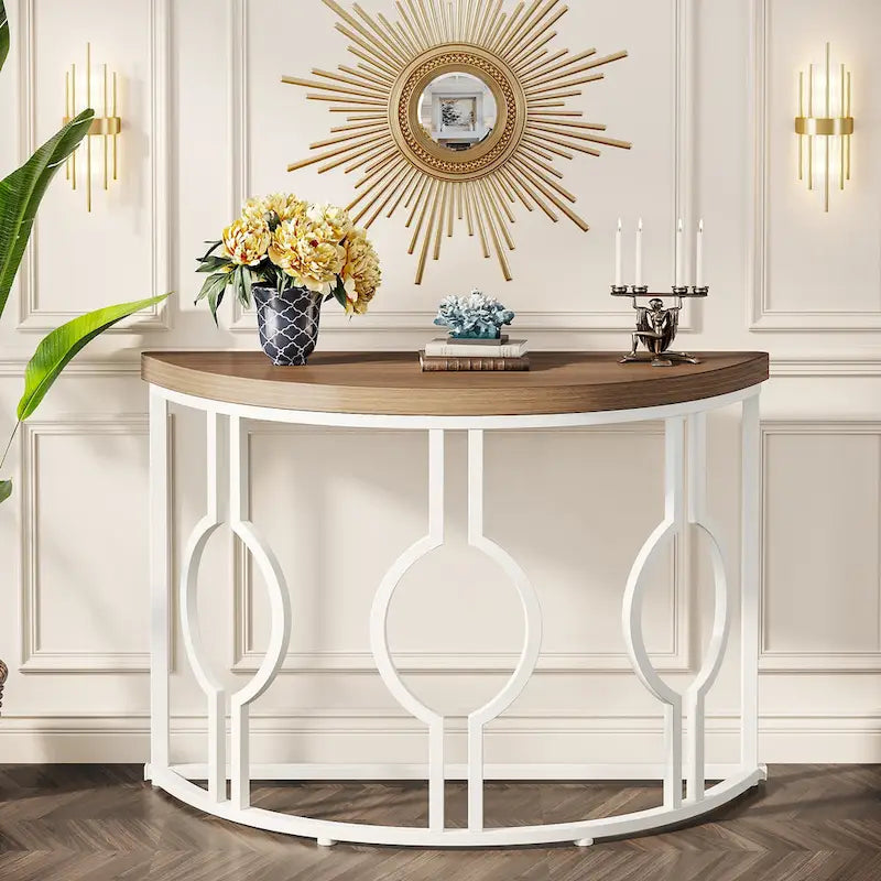 Console demi-lune avec base géométrique en métal, marron rustique et gris