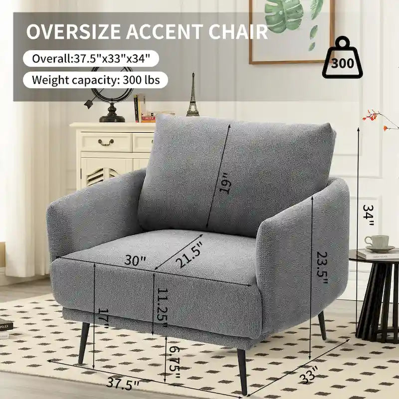 Fauteuil d'appoint surdimensionné avec accoudoirs étroits et coussins moelleux, gris