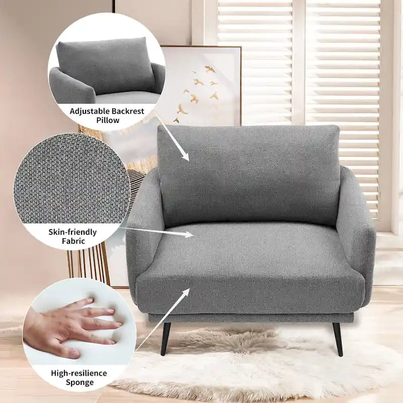 Fauteuil d'appoint surdimensionné avec accoudoirs étroits et coussins moelleux, gris