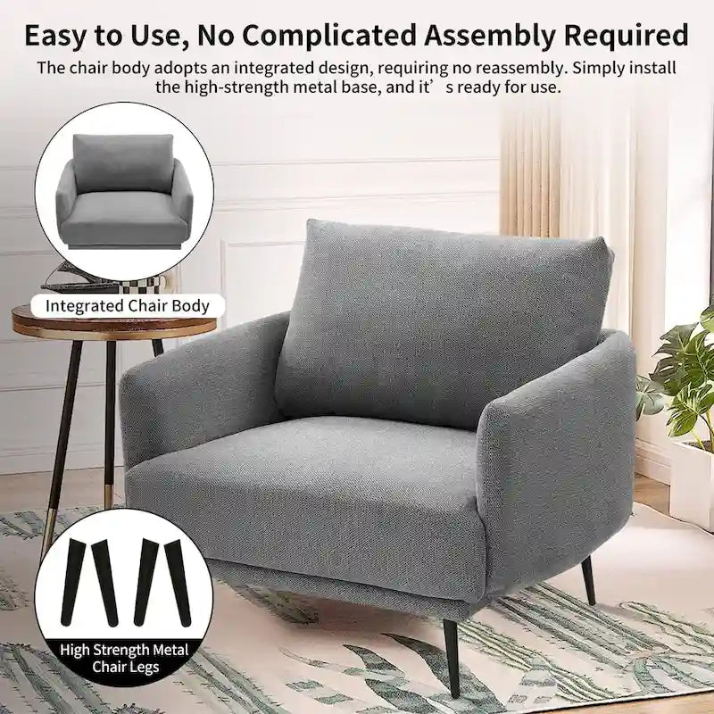 Fauteuil d'appoint surdimensionné avec accoudoirs étroits et coussins moelleux, gris