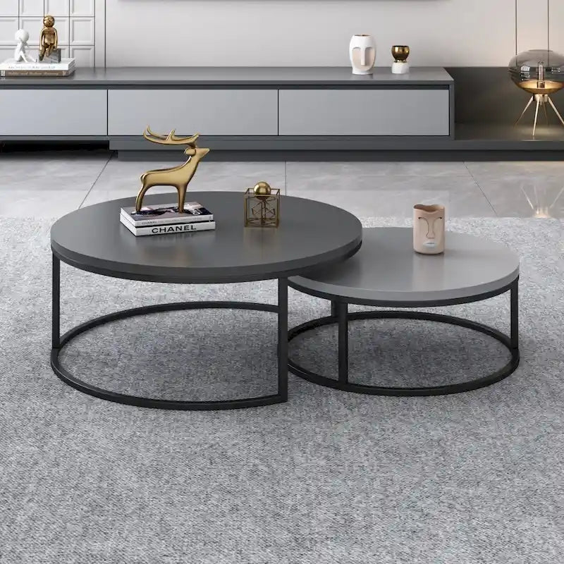 Table basse ronde avec structure en métal noir et plateau imitation bois pour salon