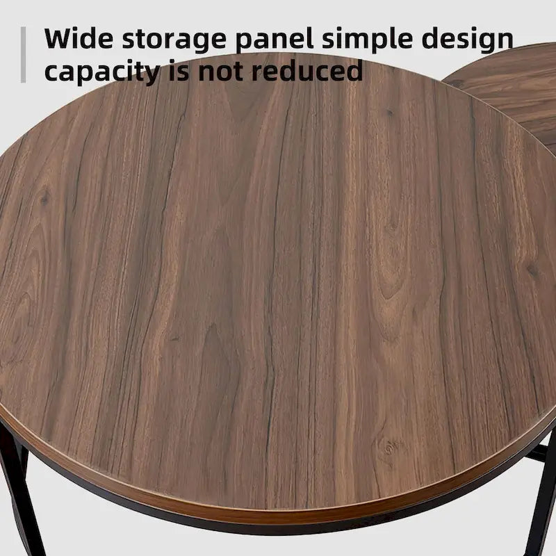 Table basse ronde avec structure en métal noir et plateau imitation bois pour salon