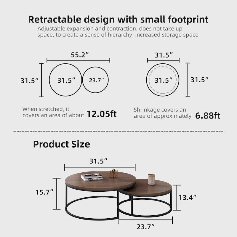 Table basse ronde avec structure en métal noir et plateau imitation bois pour salon
