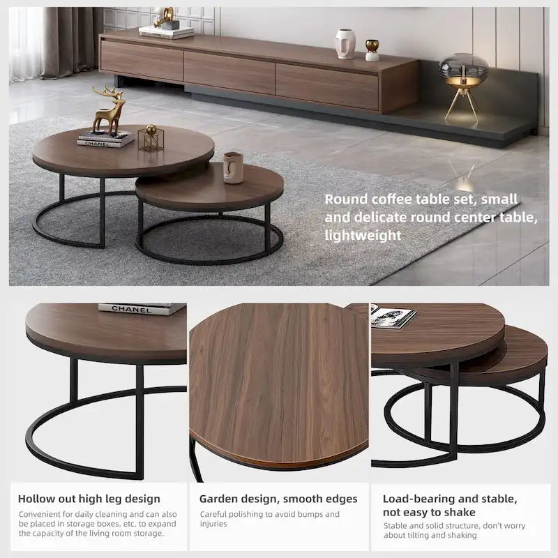 Table basse ronde avec structure en métal noir et plateau imitation bois pour salon