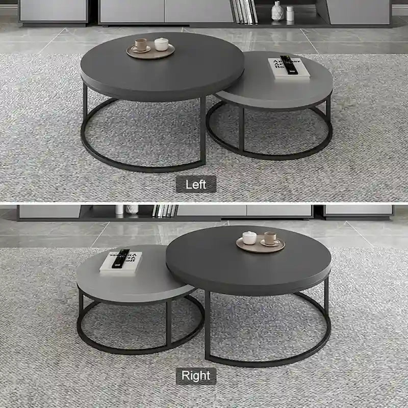 Table basse ronde avec structure en métal noir et plateau imitation bois pour salon