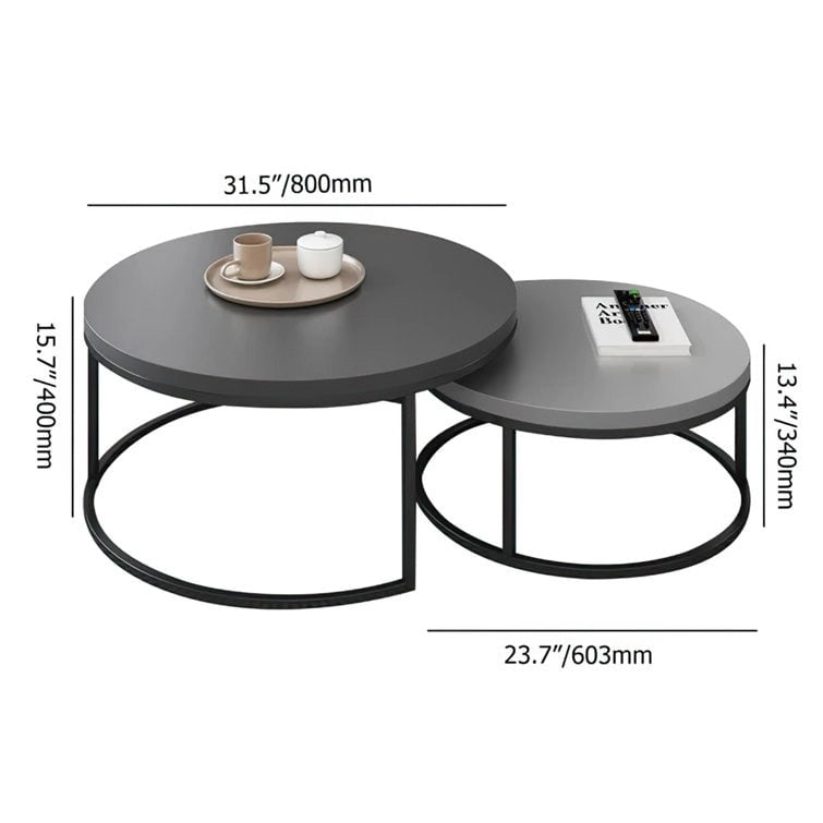 Table basse ronde avec structure en métal noir et plateau imitation bois pour salon