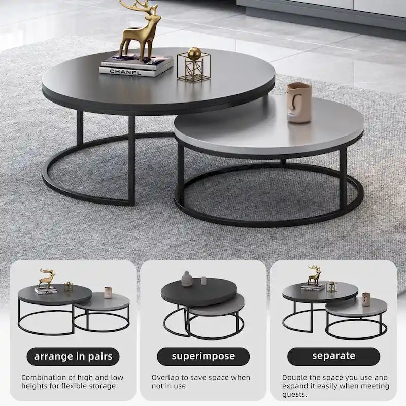 Table basse ronde avec structure en métal noir et plateau imitation bois pour salon