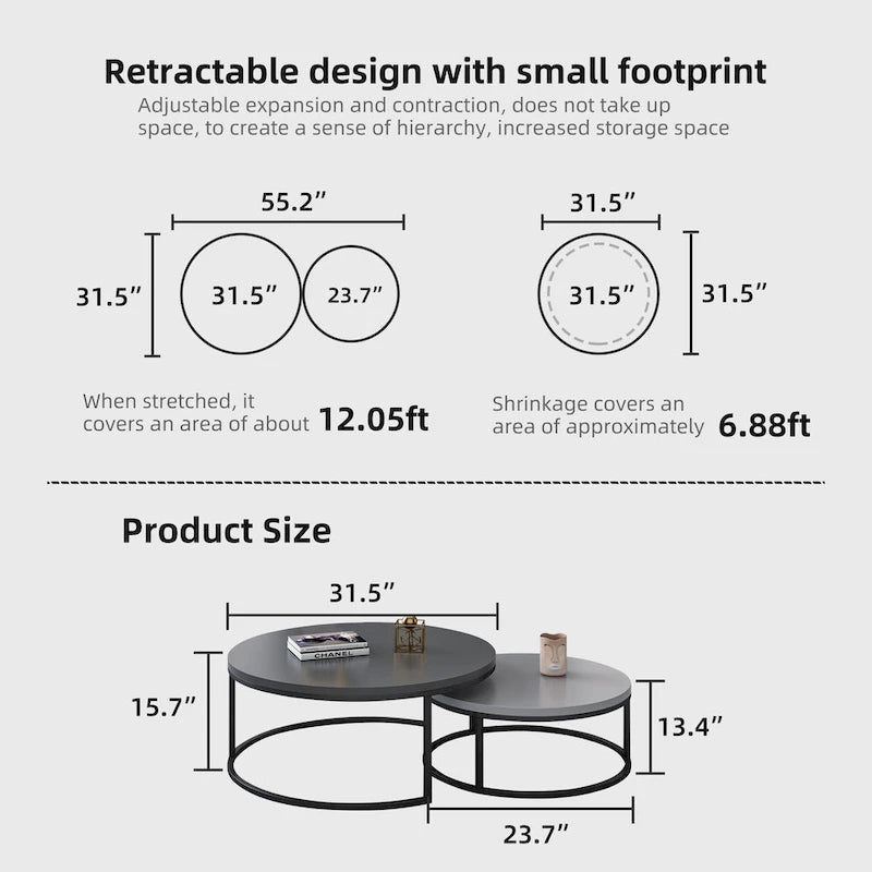 Table basse ronde avec structure en métal noir et plateau imitation bois pour salon