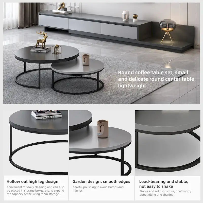 Table basse ronde avec structure en métal noir et plateau imitation bois pour salon