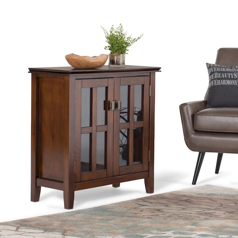 Meuble de rangement bas en bois massif avec portes doubles en verre trempé et étagères réglables
